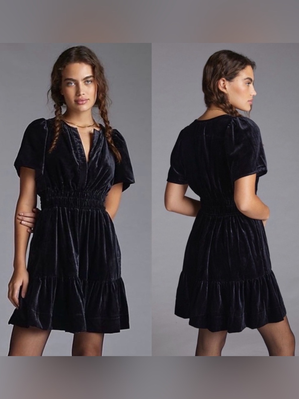 NWT Maeve Anthropologie Black Velvet Short Sleeve Tiered Mini Dress